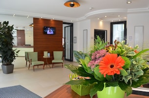 Un área de recepción con un mostrador de madera, un televisor montado en la pared y una planta grande con flores.