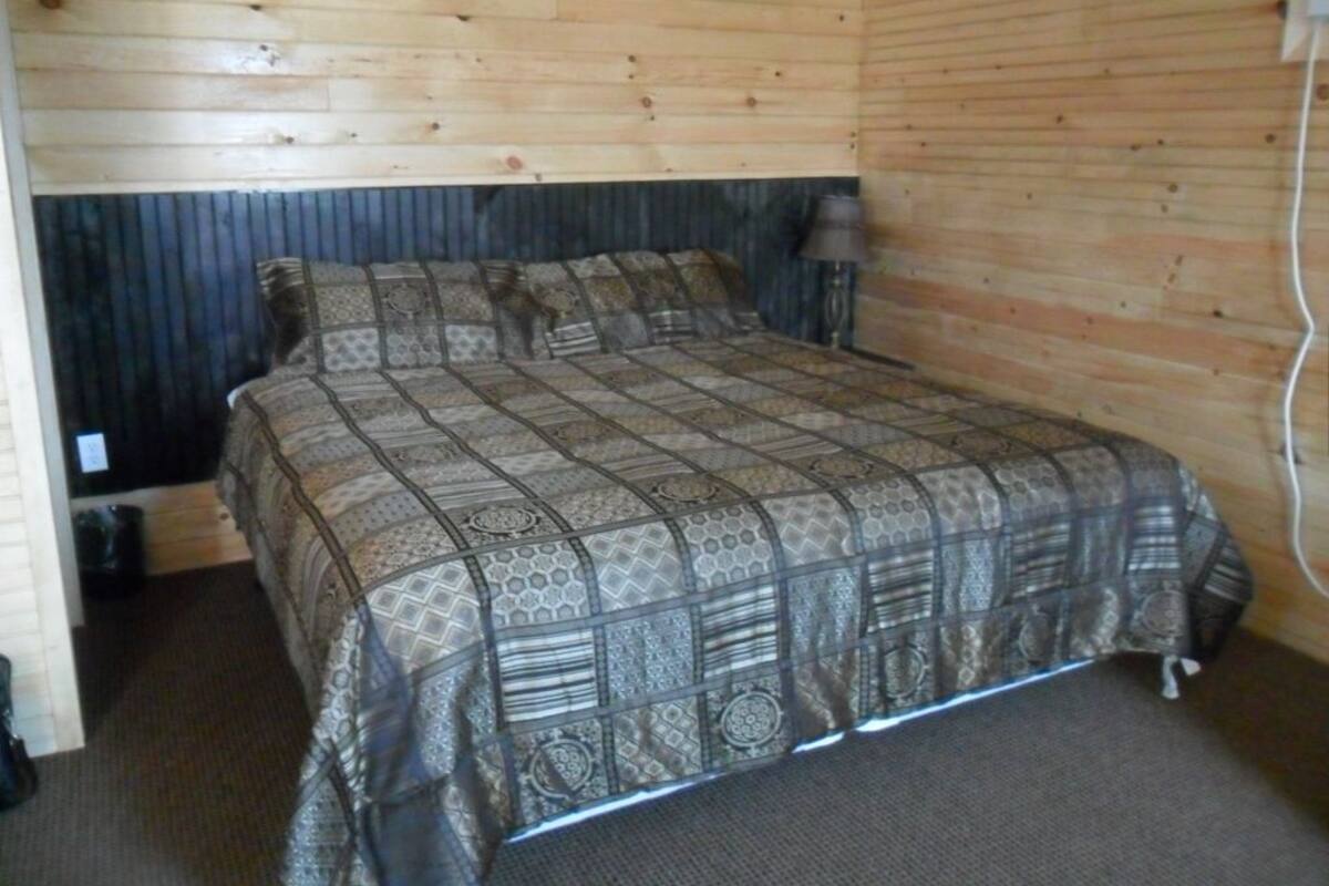 A wooden-paneled room with a bed, a nightstand, and a lamp.