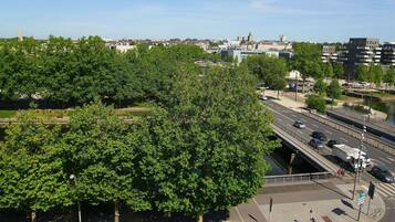 A cityscape with a prominent green park, a bridge, and a road with vehicles.