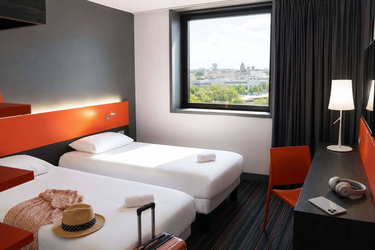 Een hotelkamer met twee bedden, uitzicht op de stad, een bureau met een lamp en een koffer.