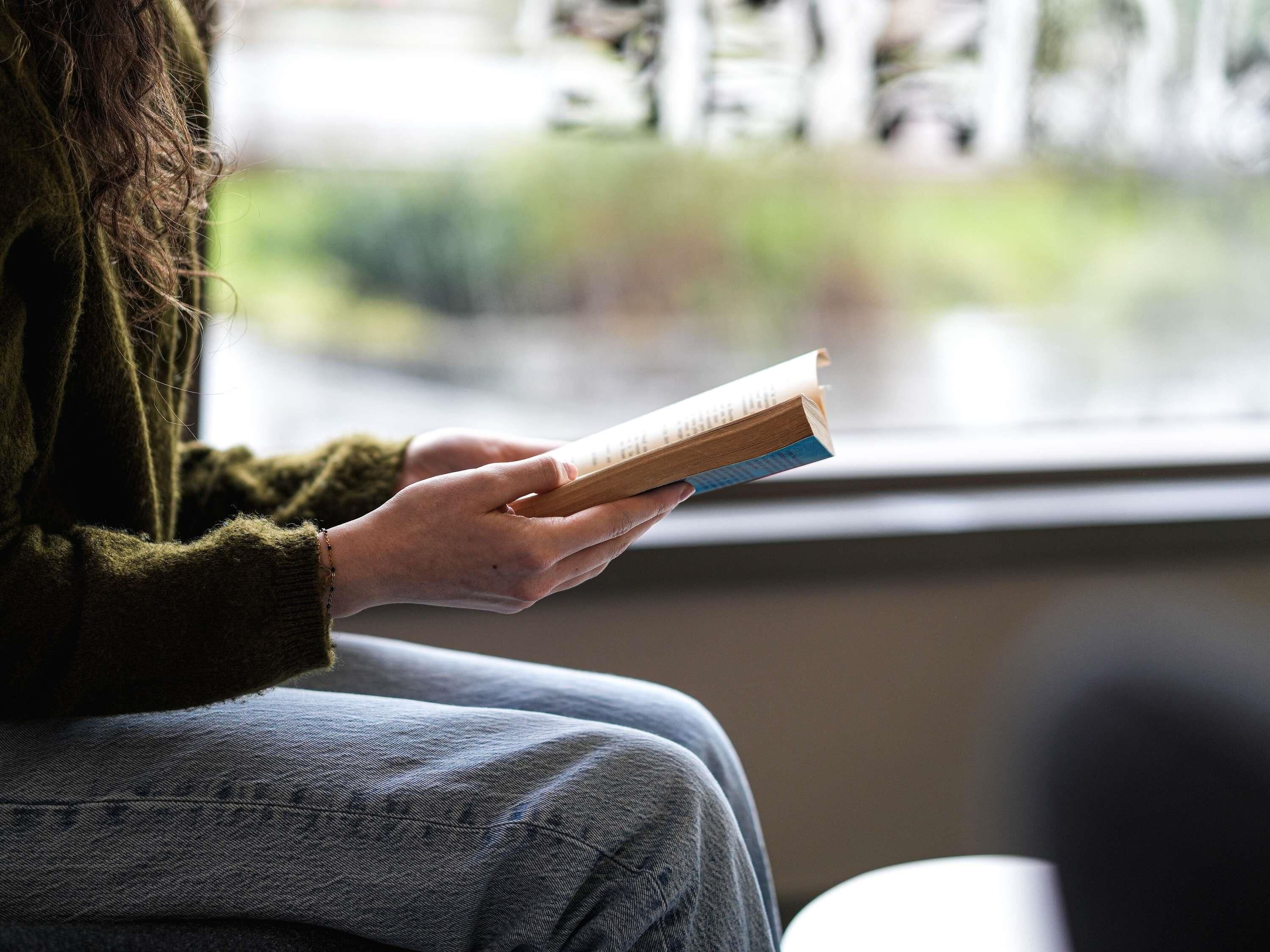 Eine Person liest ein Buch am Fenster mit Blick auf Bäume.