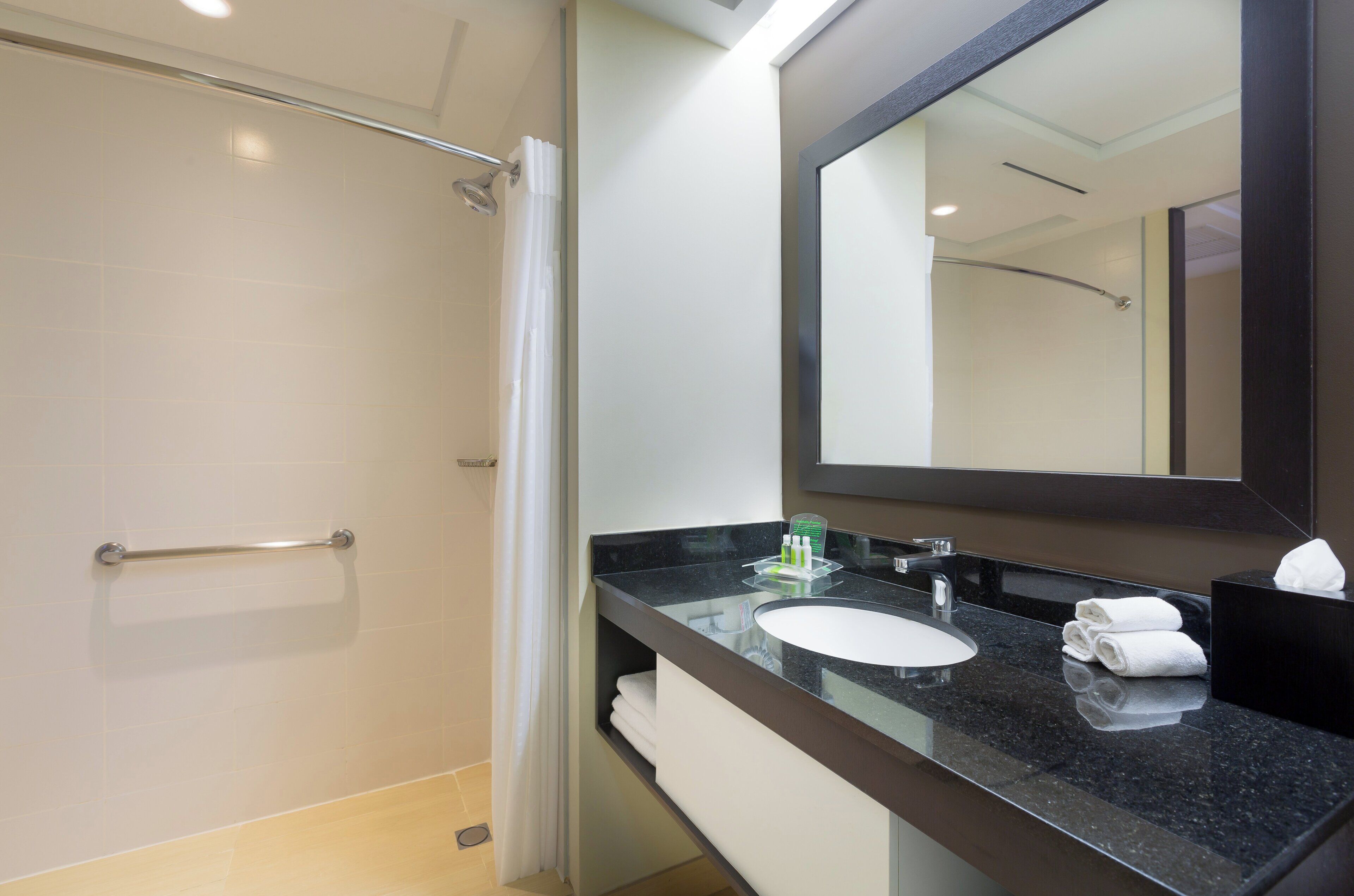 Une salle de bain moderne avec une douche à parois de verre, un lavabo doté d’un plan de travail noir et un grand miroir.