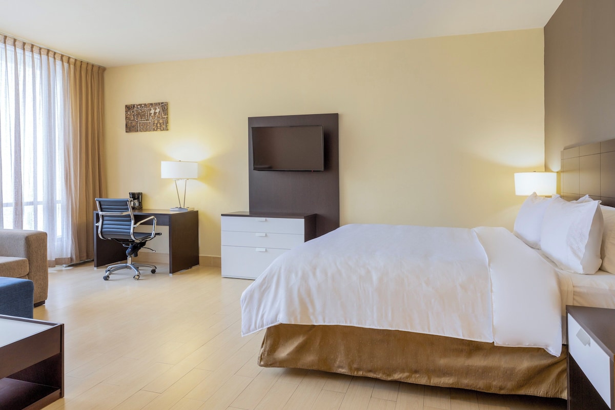 Quarto de hotel com cama, escrivaninha, cadeira e televisão de tela plana fixada na parede.