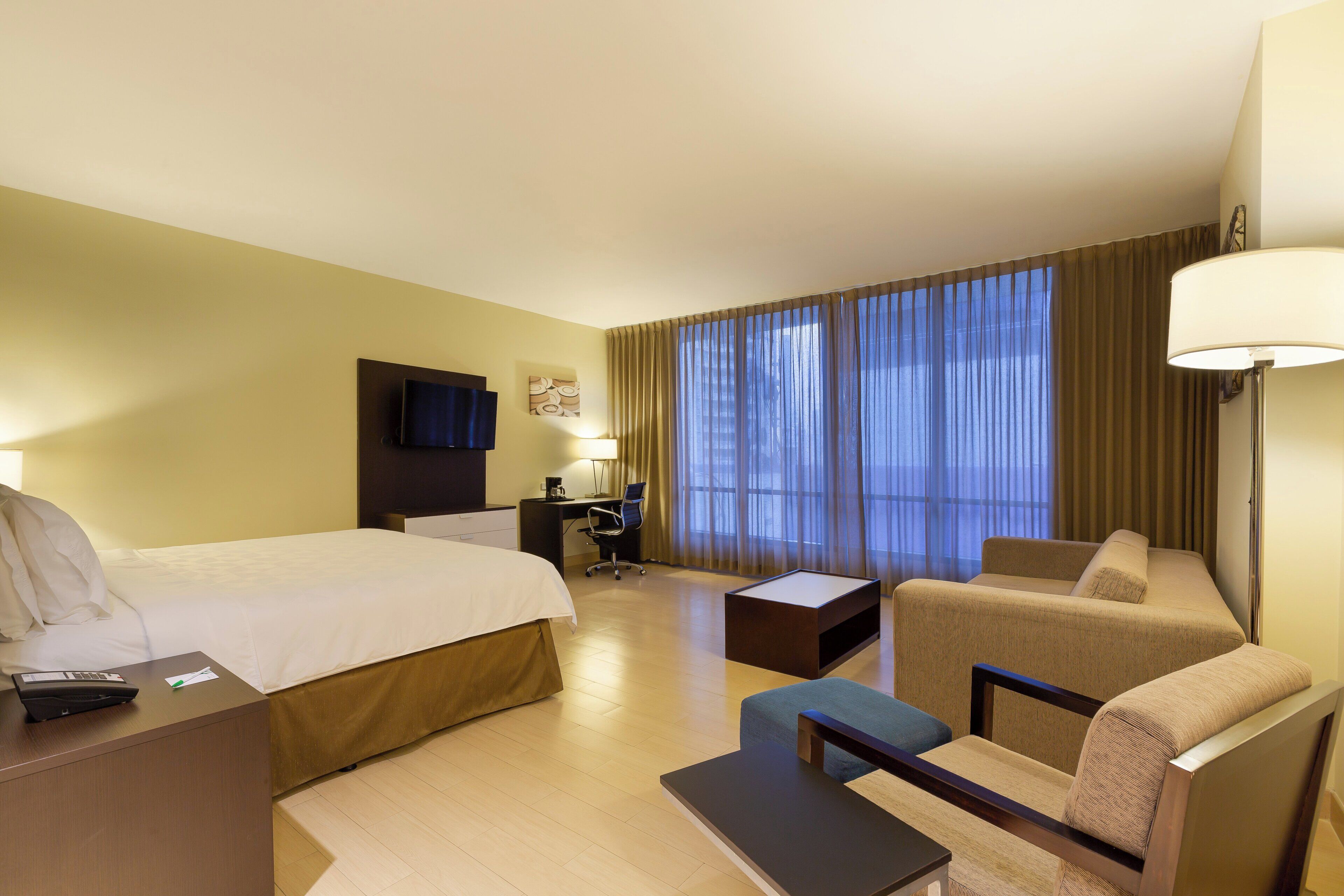 Une chambre d’hôtel avec un lit, un bureau, une chaise et un canapé.