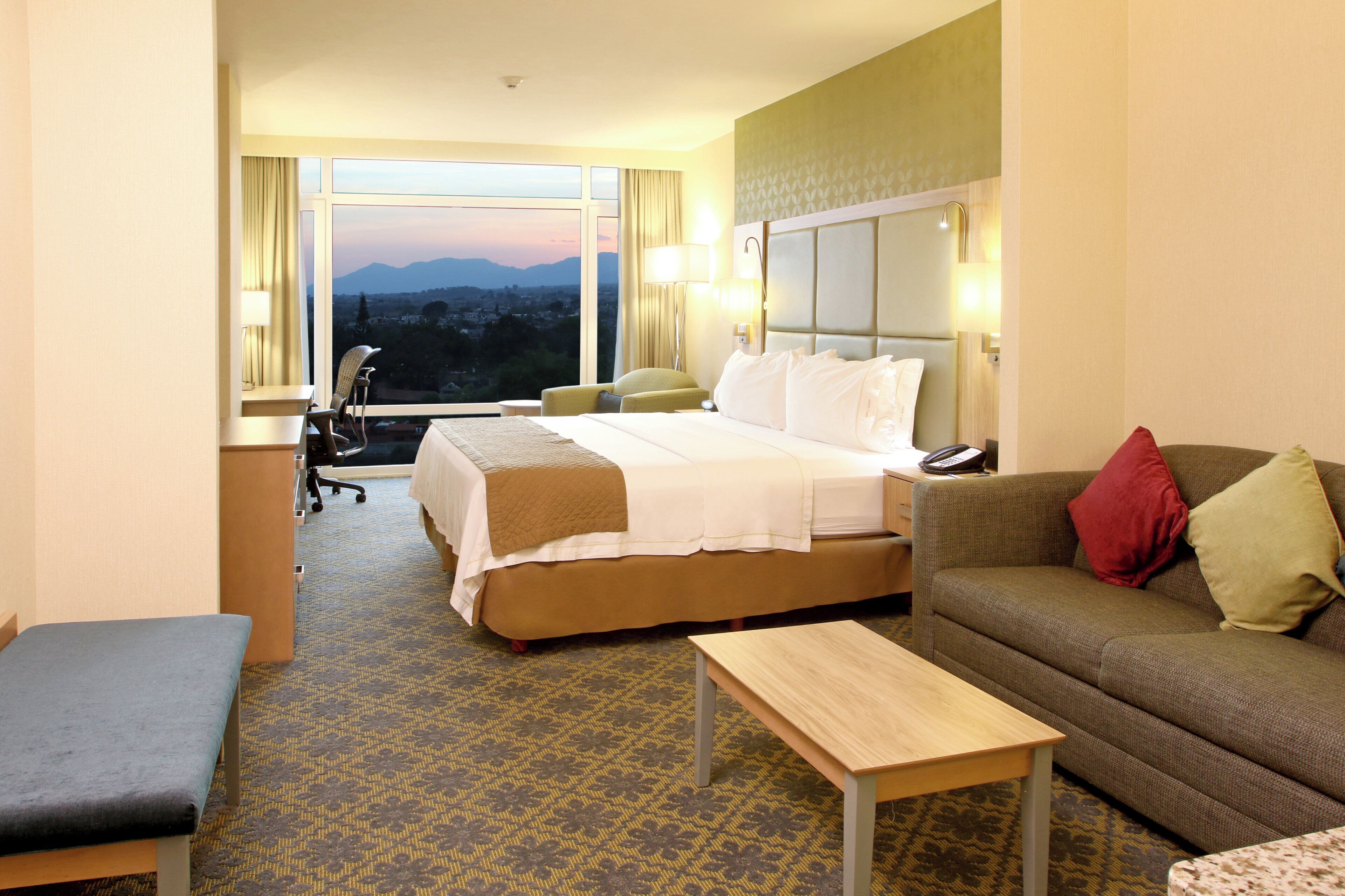 Habitación de hotel con una cama, un sofá, un escritorio y vistas a la ciudad.
