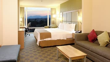 Habitación de hotel con una cama, un sofá, un escritorio y vistas a la ciudad.