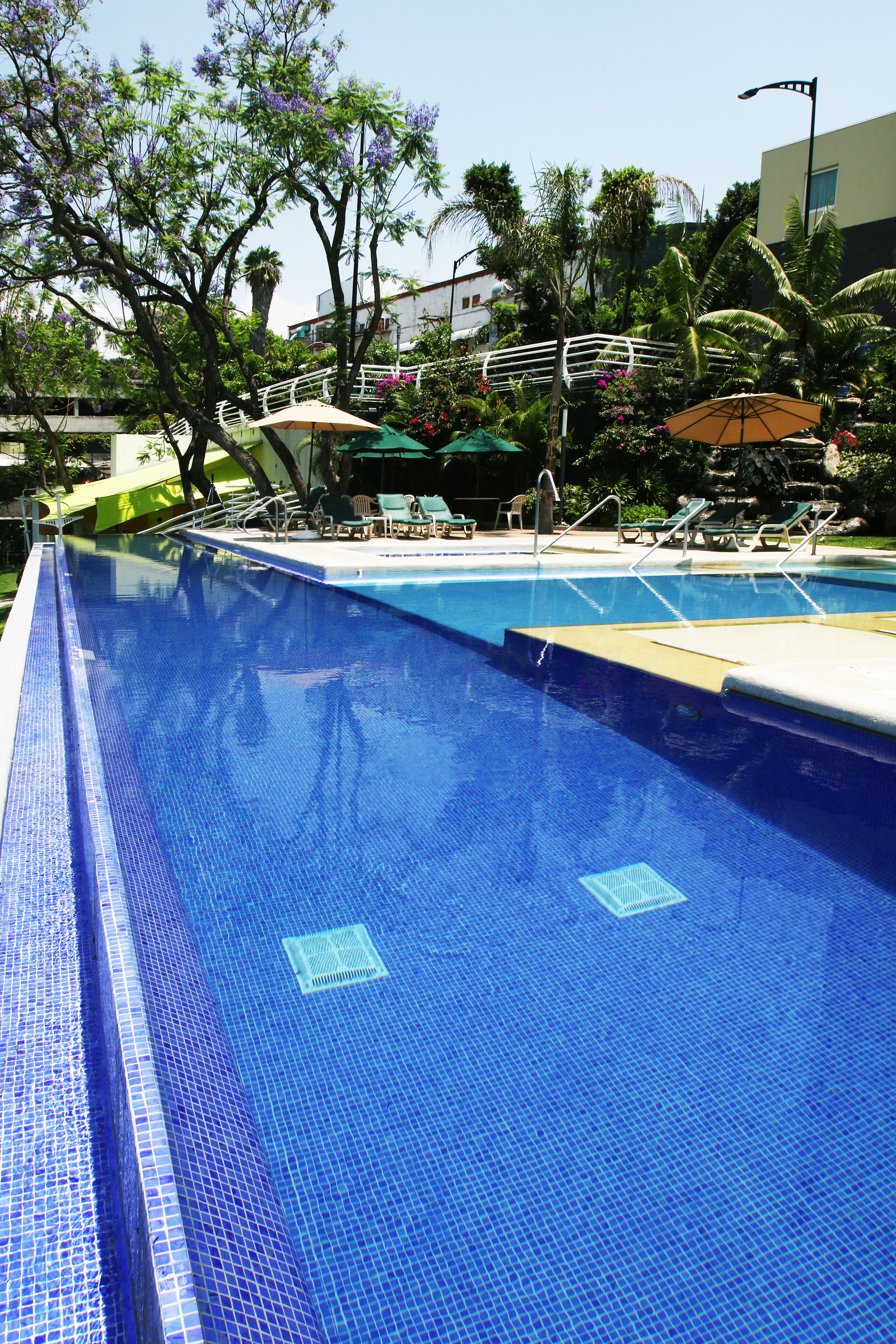 Une piscine à l’eau d  ’un bleu limpide, entourée de chaises longues et de parasols.
