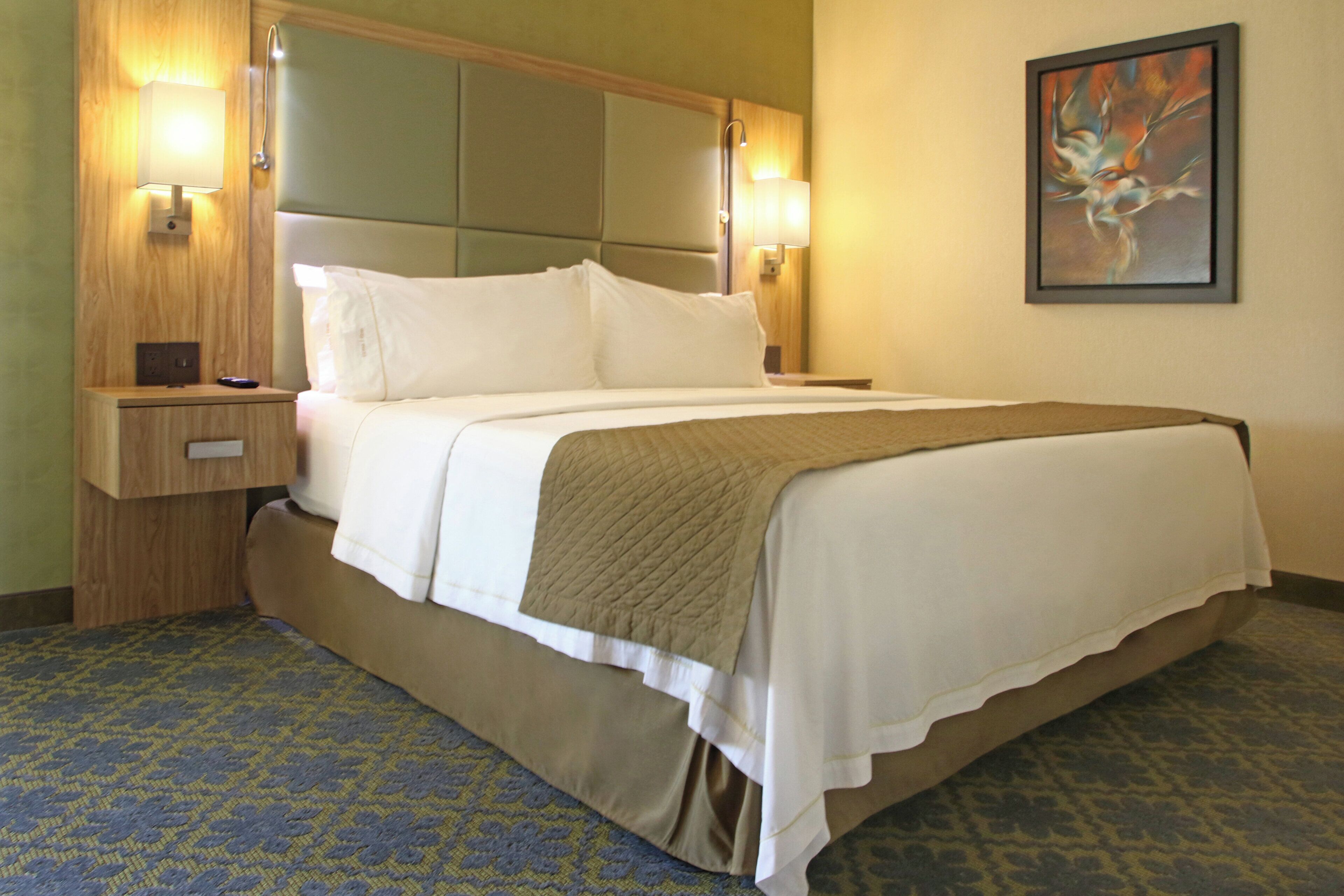 Quarto de hotel com cama, mesas de cabeceira, luminária na parede e um quadro.