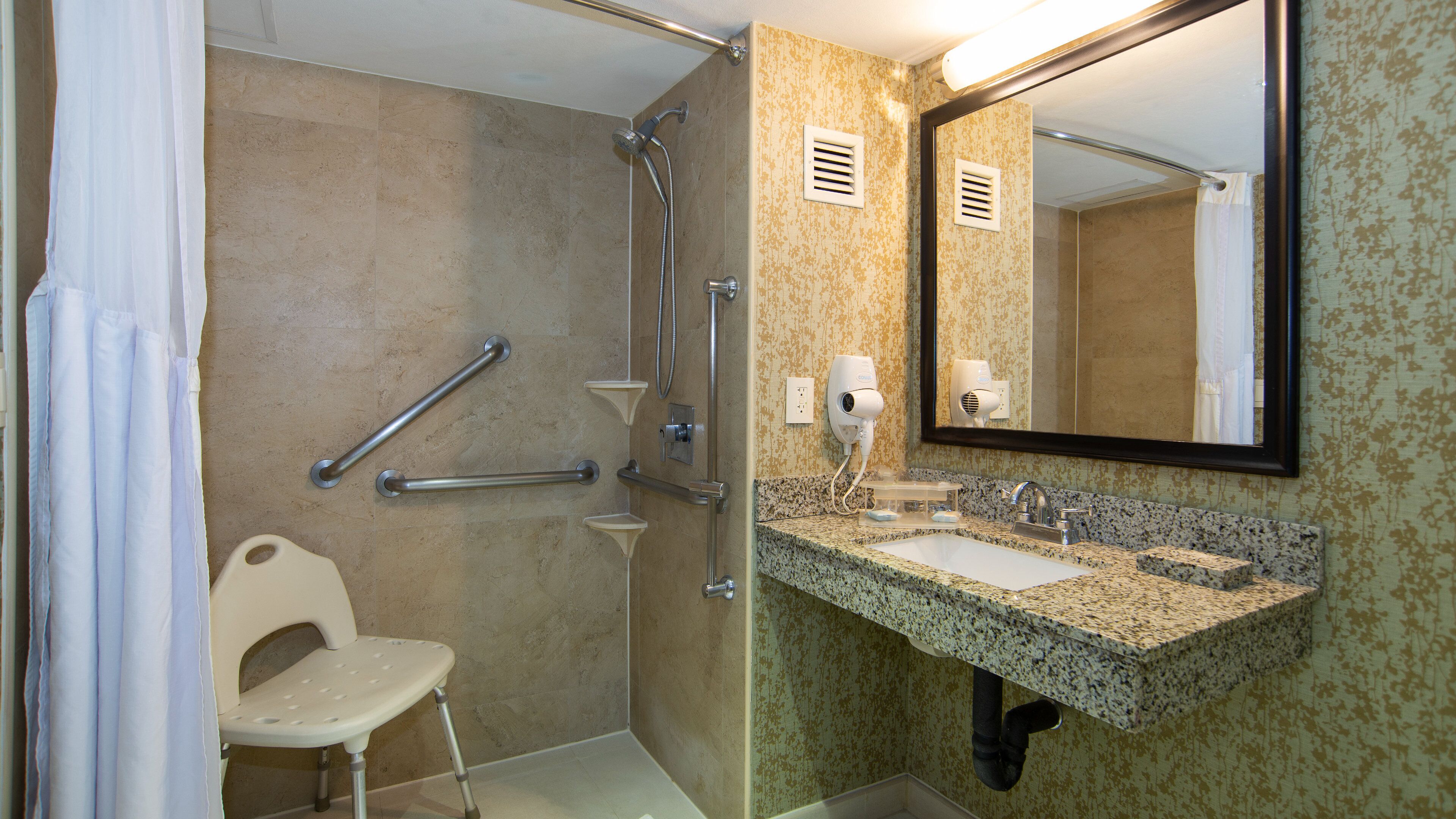 standard room, 1 king bed, mobility accessible (roll-in shower) | bathroom | free toiletries, hair dryer, towels