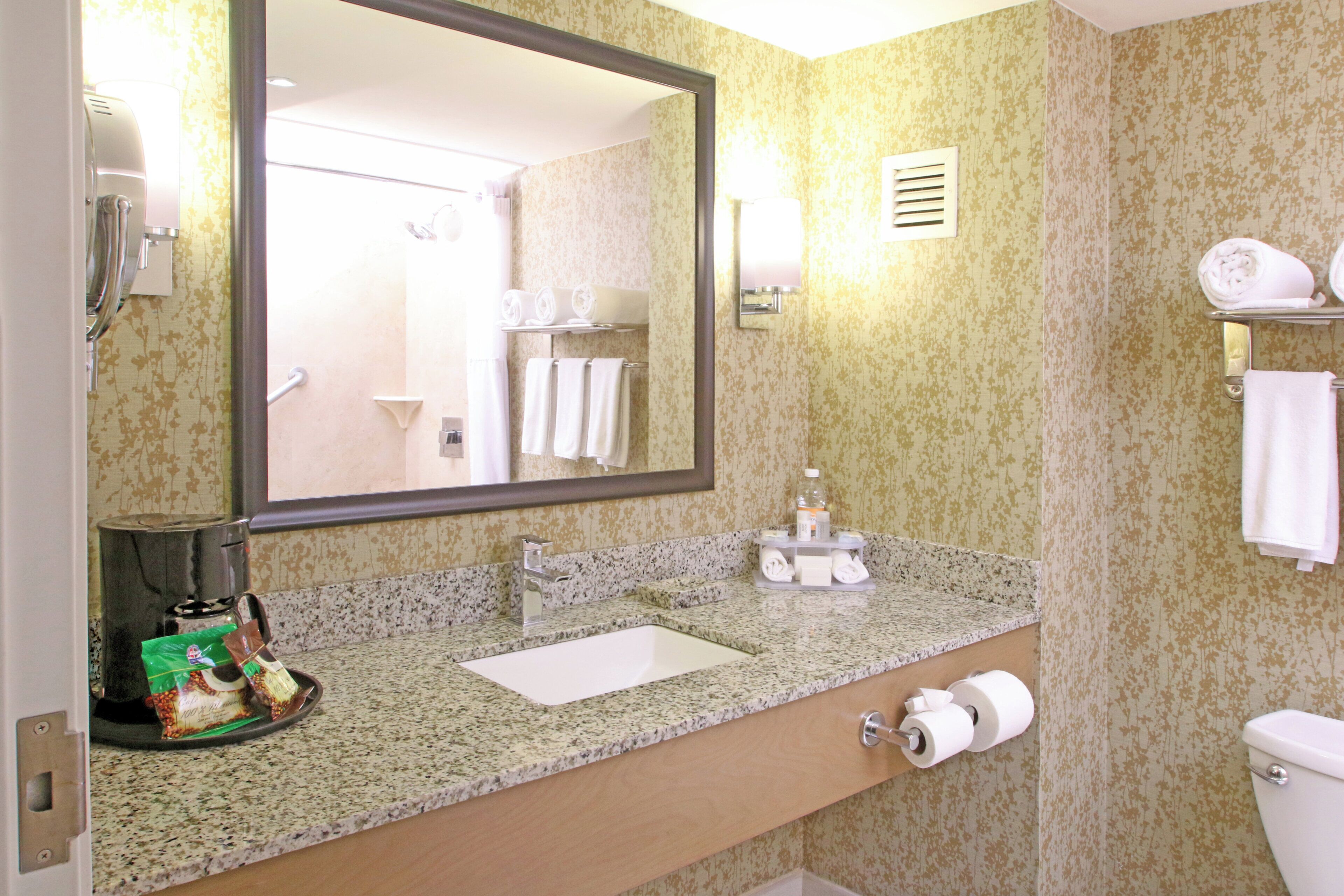 A bathroom with a granite countertop, a sink, a mirror, a toilet, and a towel rack.