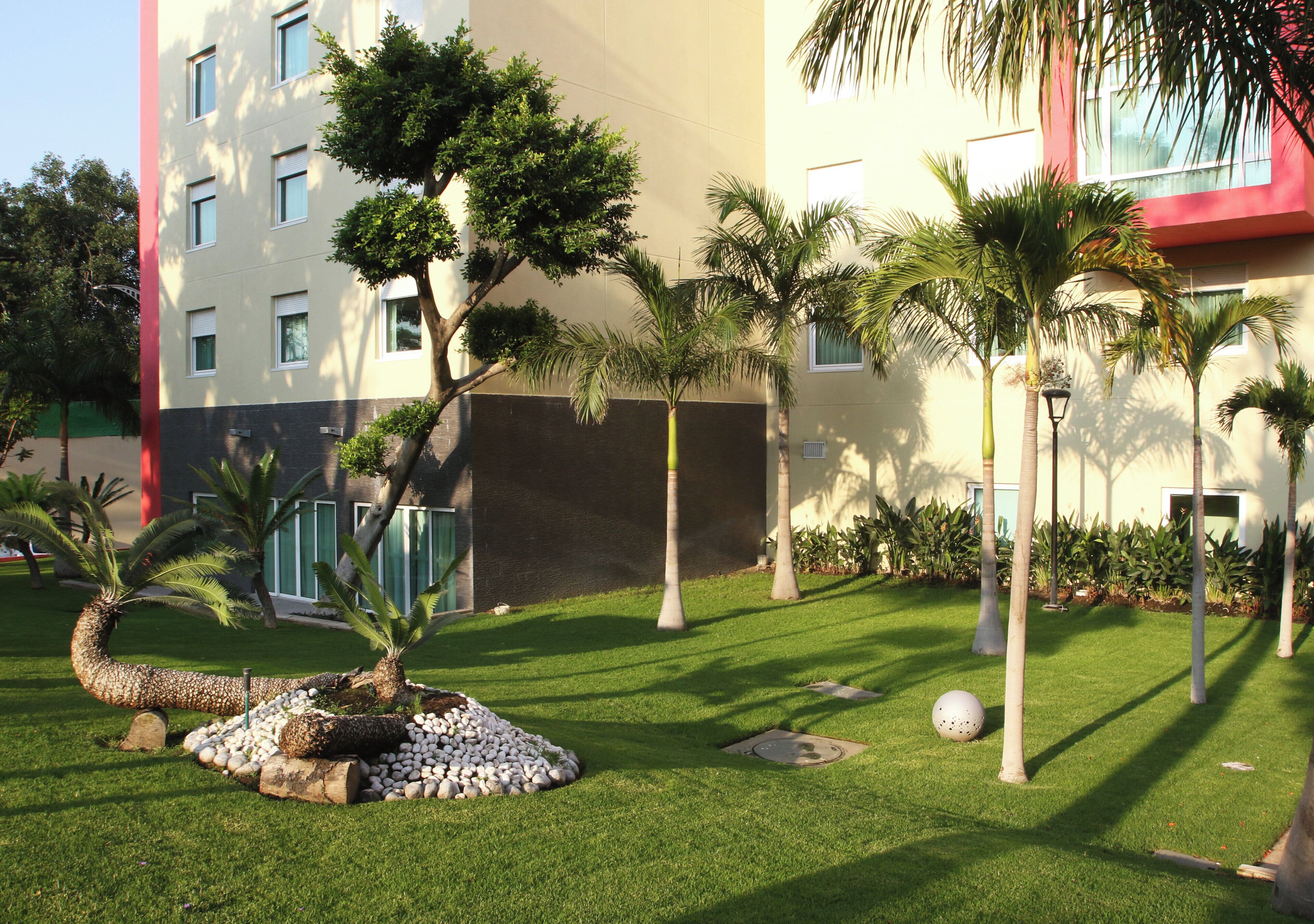 A landscaped courtyard with palm trees, a small pond, and a building with multiple windows.
