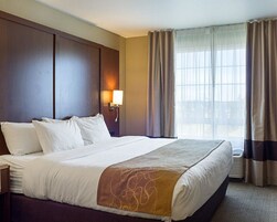 Habitación de hotel con una cama grande, una mesita de noche, una lámpara de pared y un ventanal con cortinas.