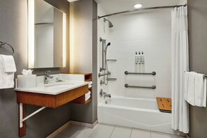 Rainfall showerhead, designer toiletries, hair dryer, towels