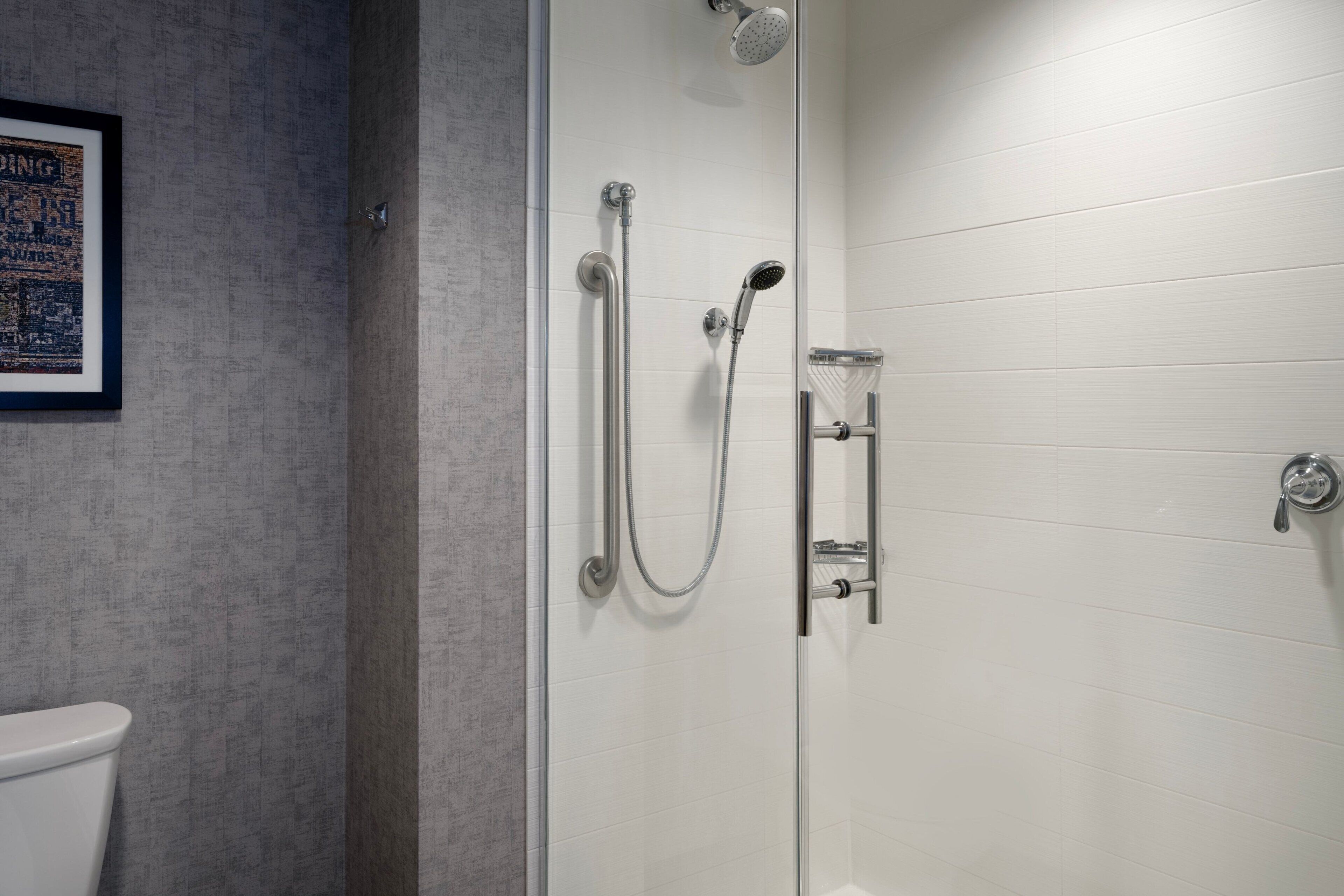 A modern bathroom with a glass shower enclosure, a toilet, and a framed picture on the wall.