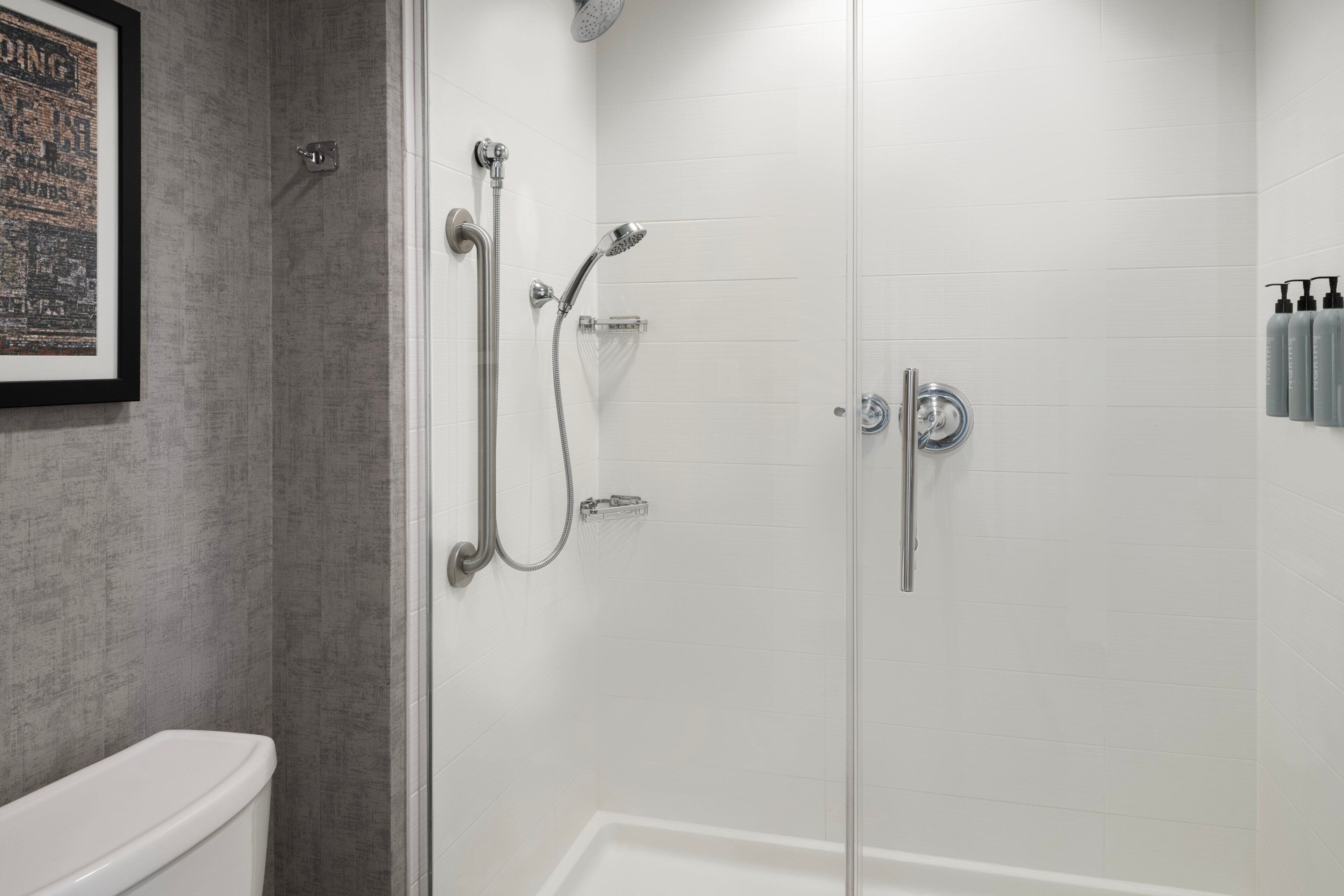 A modern bathroom with a glass shower enclosure, a white toilet, and a framed picture on the wall.