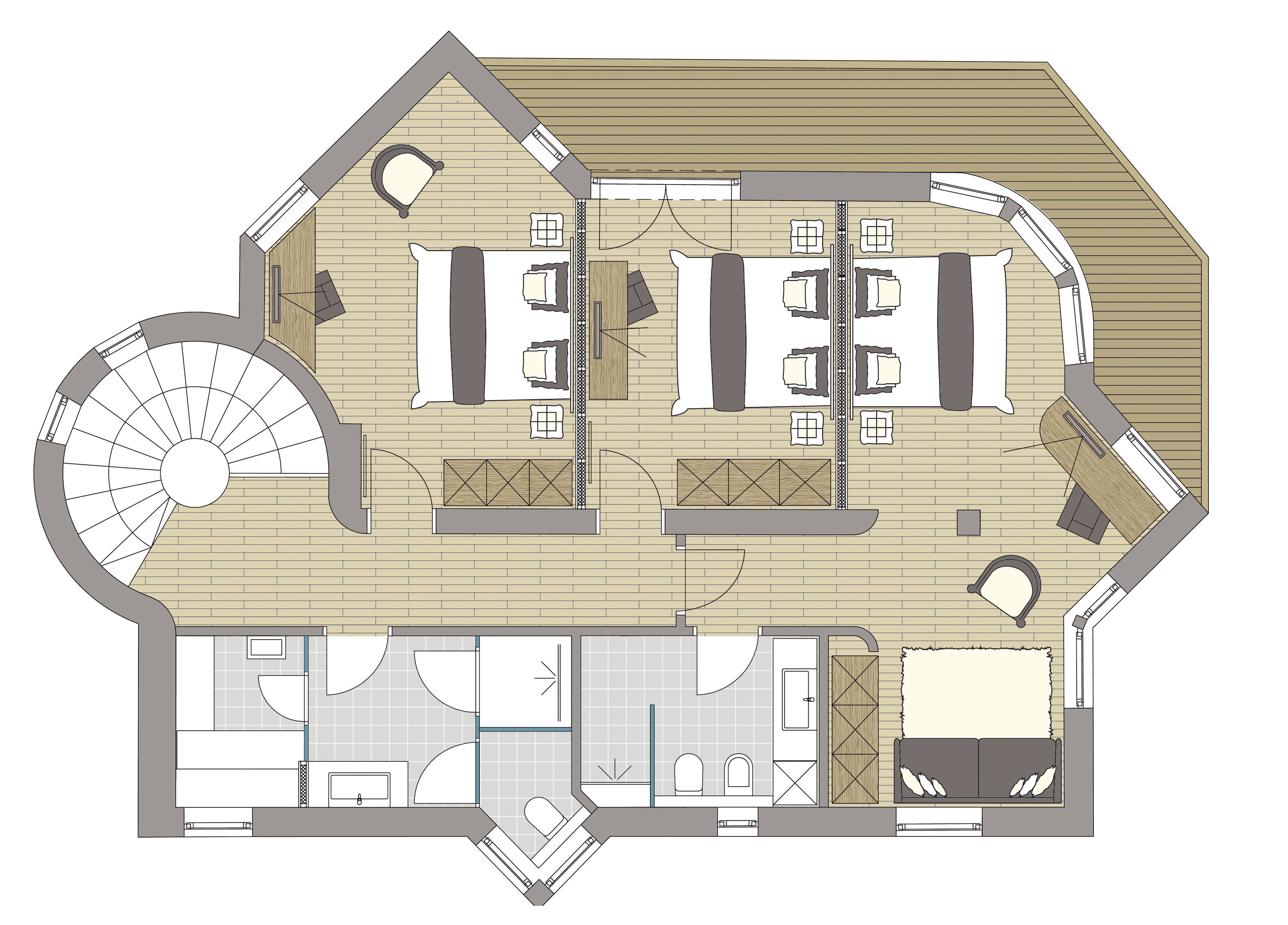 Un plan d’étage d’un hôtel comprenant un escalier central, plusieurs chambres, un espace repas et une salle de bain.