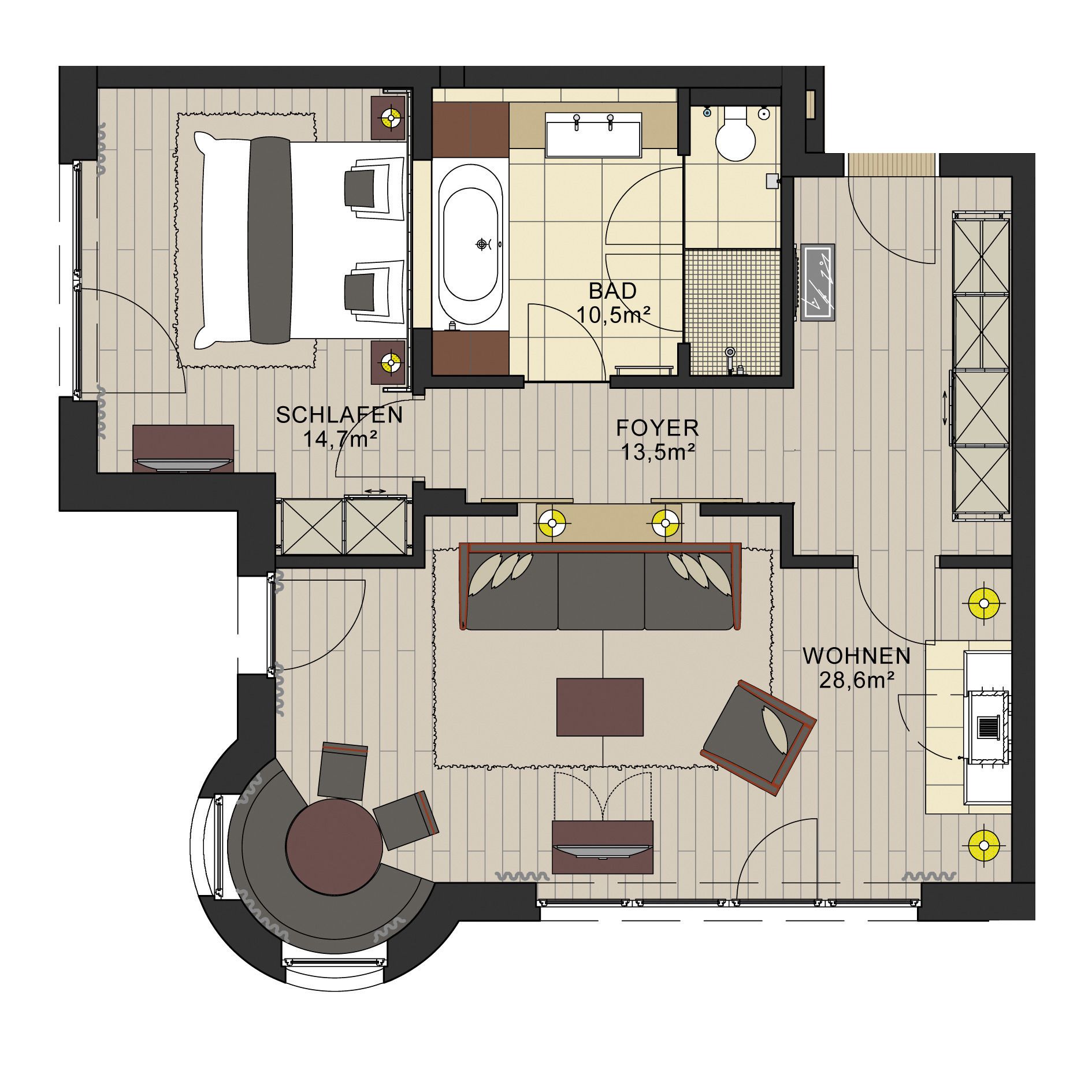 Plano de distribución de un hotel que muestra una sala de estar, comedor, cocina, baño y dos dormitorios.