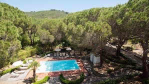 A swimming pool surrounded by lounge chairs and umbrellas, set in a wooded area with a hilly backdrop. - Hotel Brigantino (Marciana)