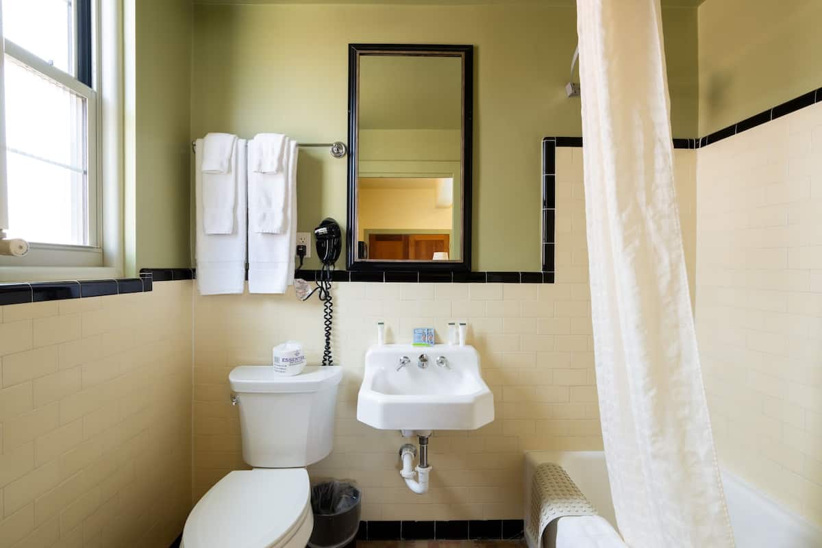 combined shower/bathtub, hair dryer, towels