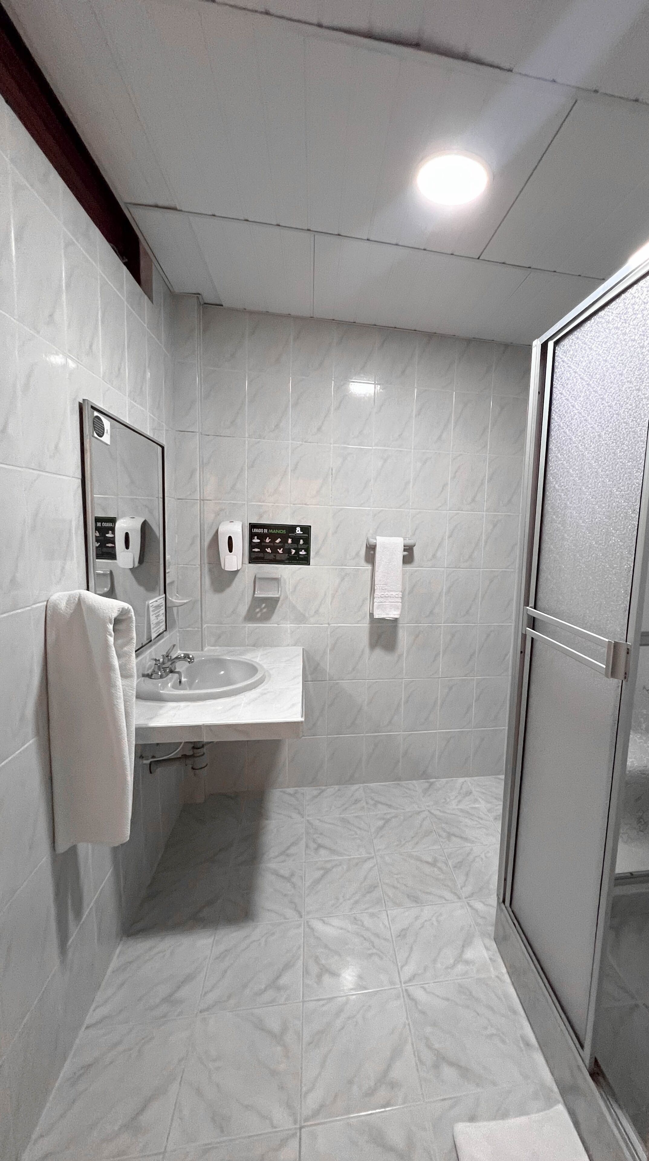 A bathroom with a sink, mirror, hand soap dispenser, and a towel rack.