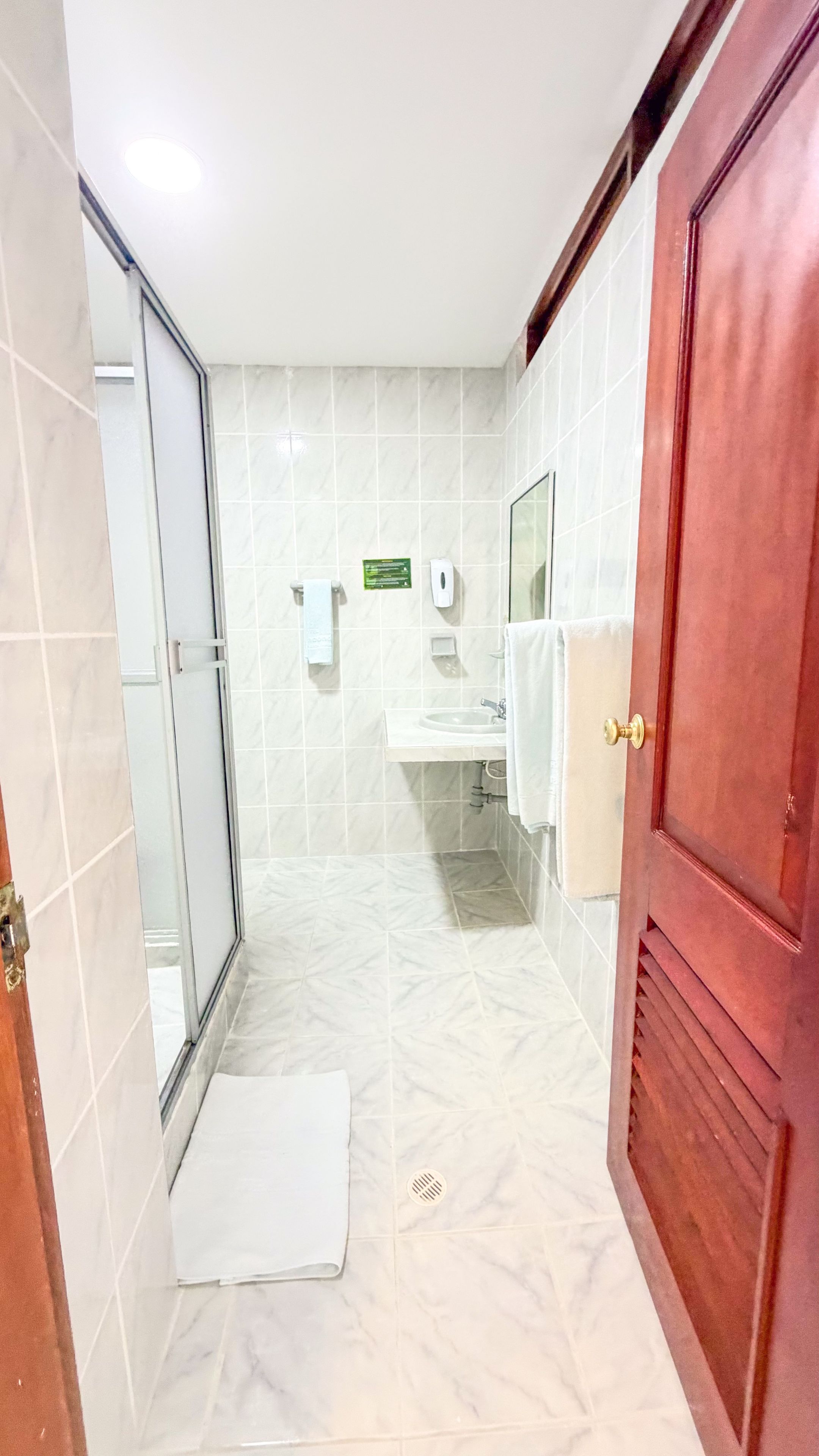 Une salle de bain avec une douche à parois de verre, un lavabo, un miroir et un porte-serviettes.