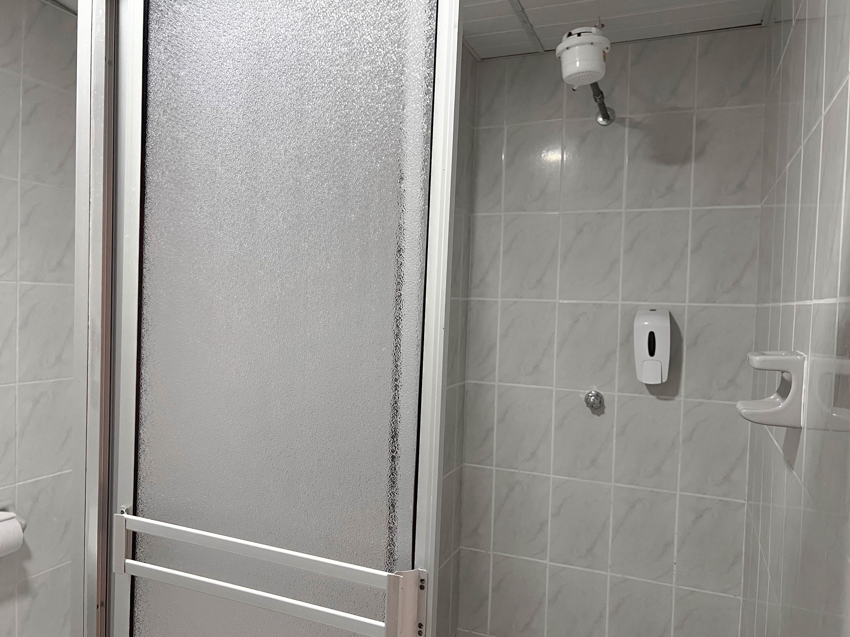 A shower area with a frosted glass door, a handheld showerhead, and a soap dispenser on the wall.