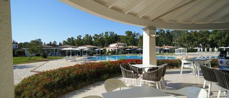 An outdoor pool area with lounge chairs and tables, surrounded by a garden with red flowers.