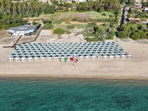 An aerial view of a beach with numerous umbrellas and lounge chairs arranged in rows, a building with a sloped roof, and a clear view of the turquoise sea.