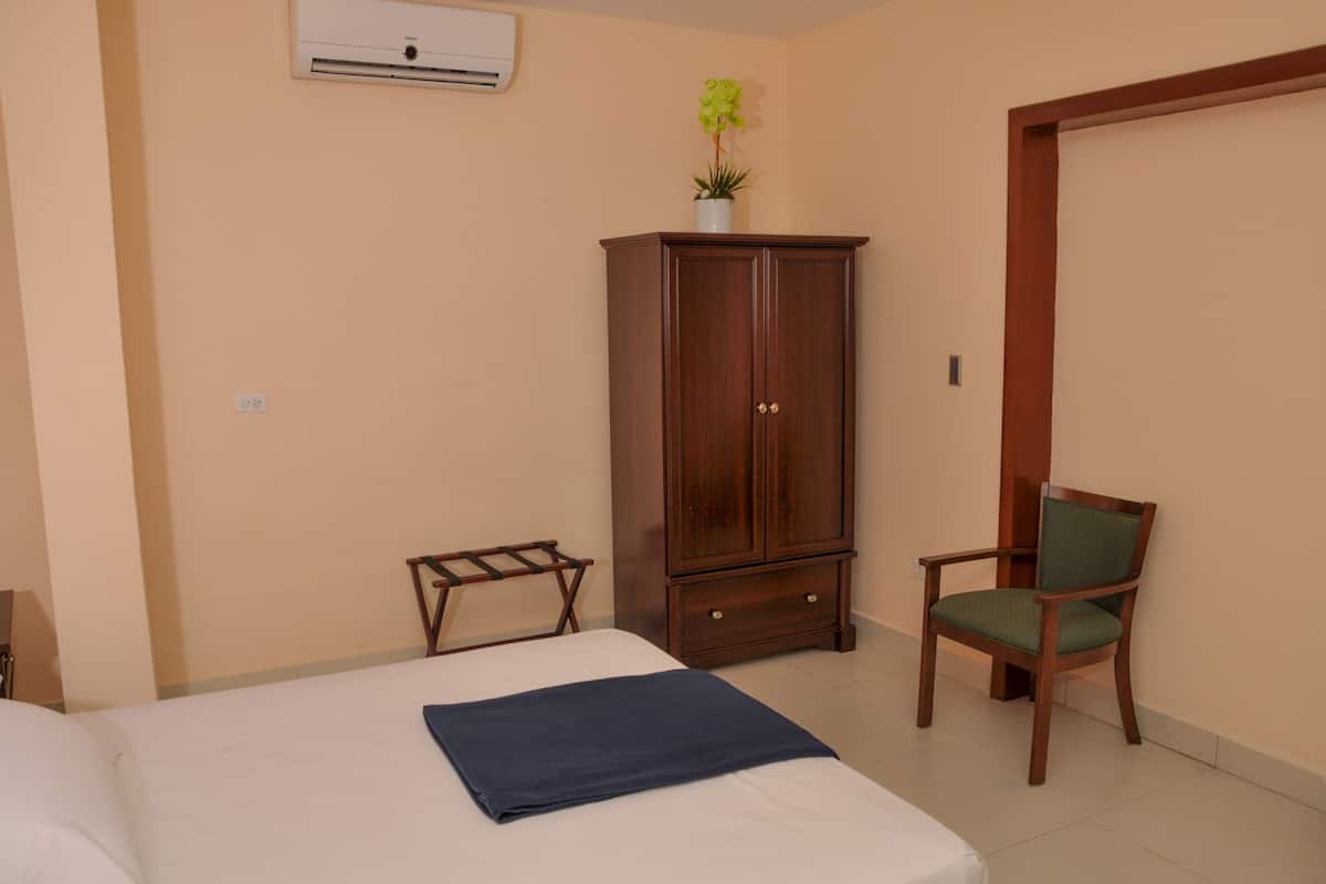 A bedroom with a bed, a wooden wardrobe, a chair, and a potted plant.