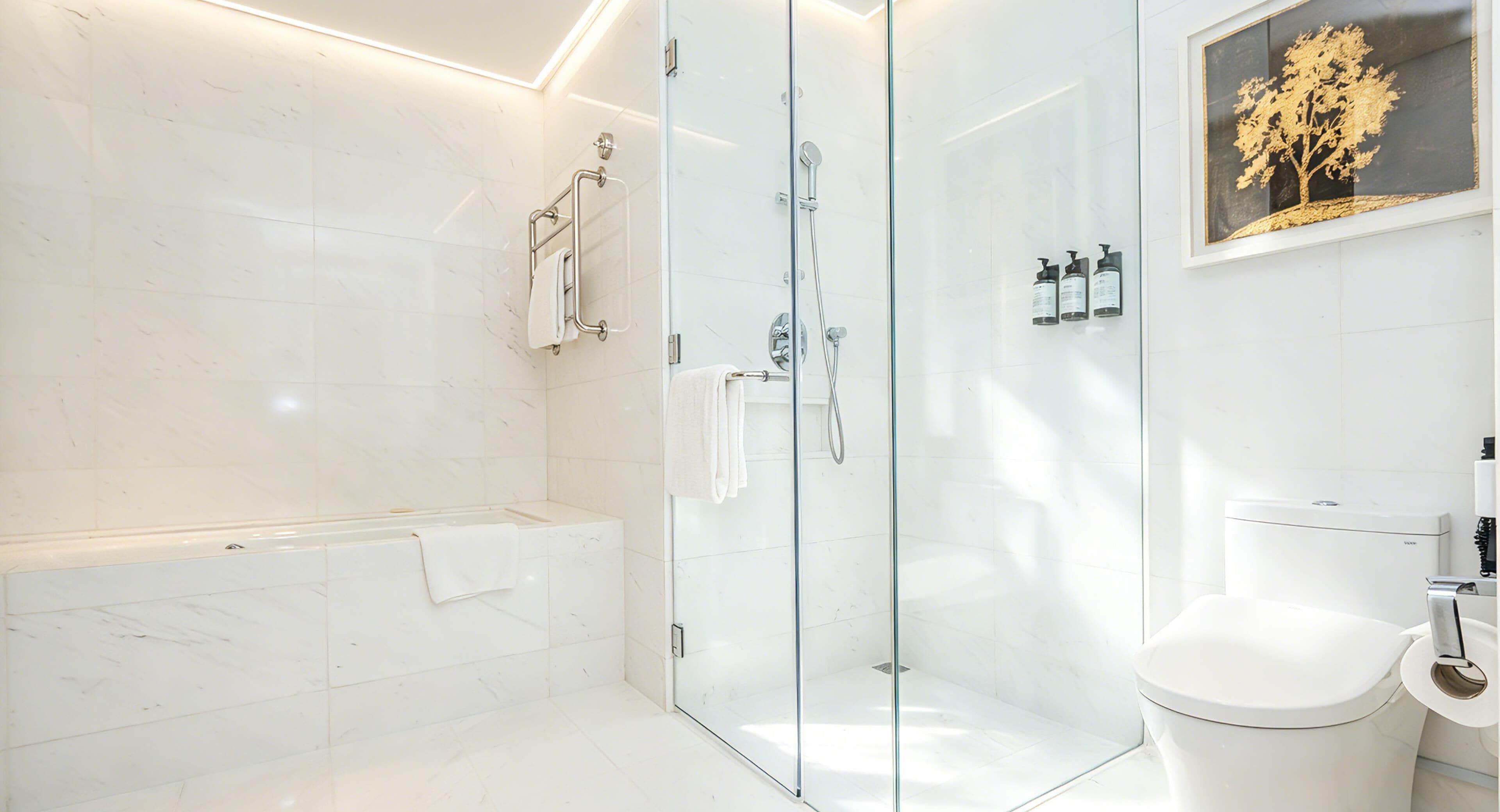 Un baño moderno con ducha envuelta en vidrio, una bañera blanca y un inodoro.