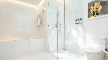 Un baño moderno con ducha envuelta en vidrio, una bañera blanca y un inodoro.