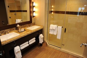 Shower, rainfall showerhead, designer toiletries, hair dryer