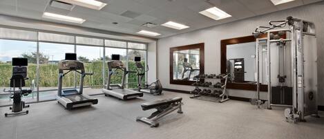 A modern gym with treadmills, a bench press, and free weights.