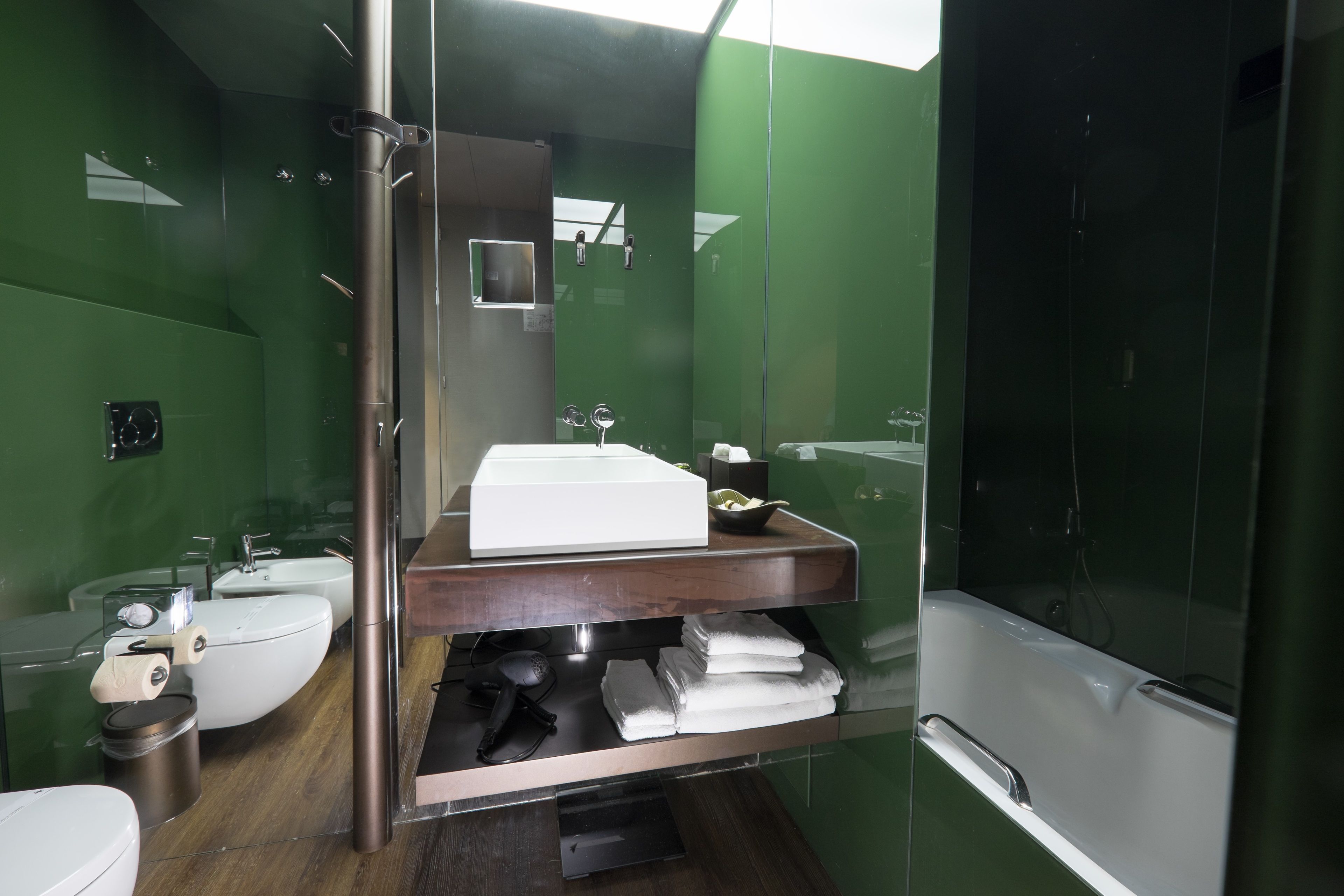 combined shower/bathtub, free toiletries, hair dryer, bathrobes