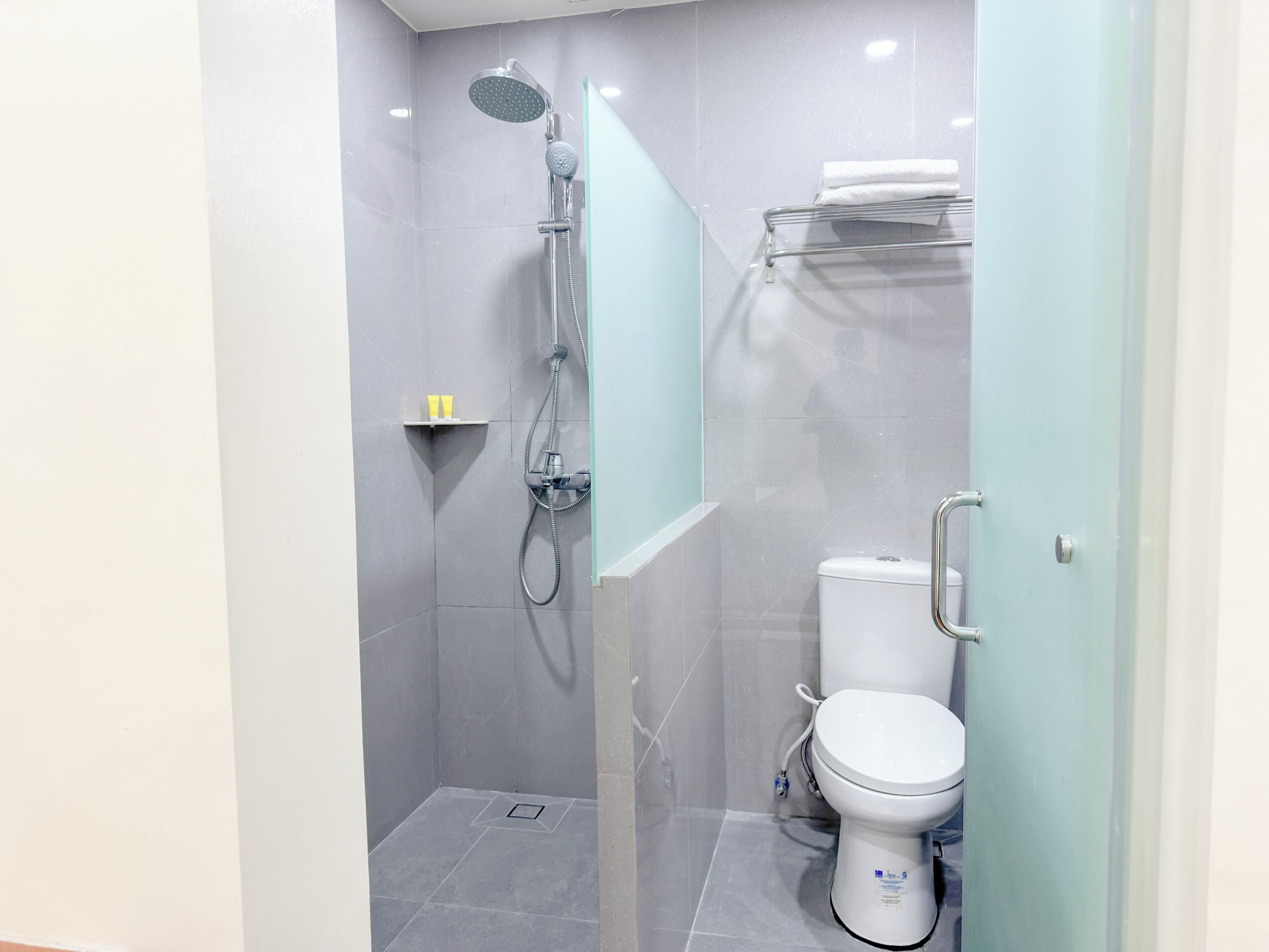 Un bagno moderno con doccia vetrata, un water bianco e un portasciugamani.