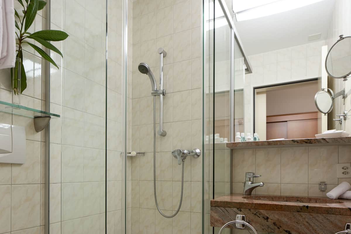Shower, free toiletries, hair dryer, towels