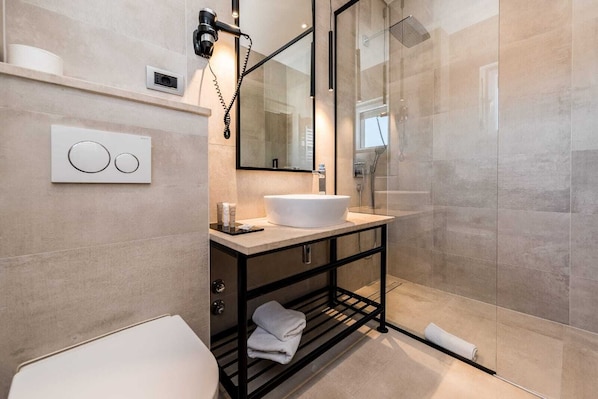 Shower, hair dryer, bidet, towels