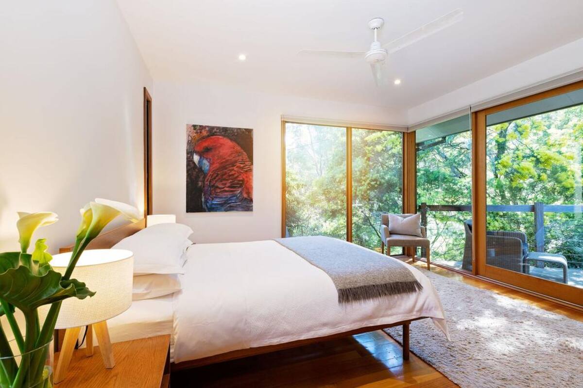 A modern bedroom with a large bed, a ceiling fan, and a view of the outdoors.