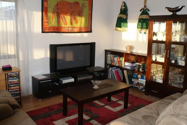 A living room with a television, bookshelves, a cabinet with glassware, and a red and black patterned rug.