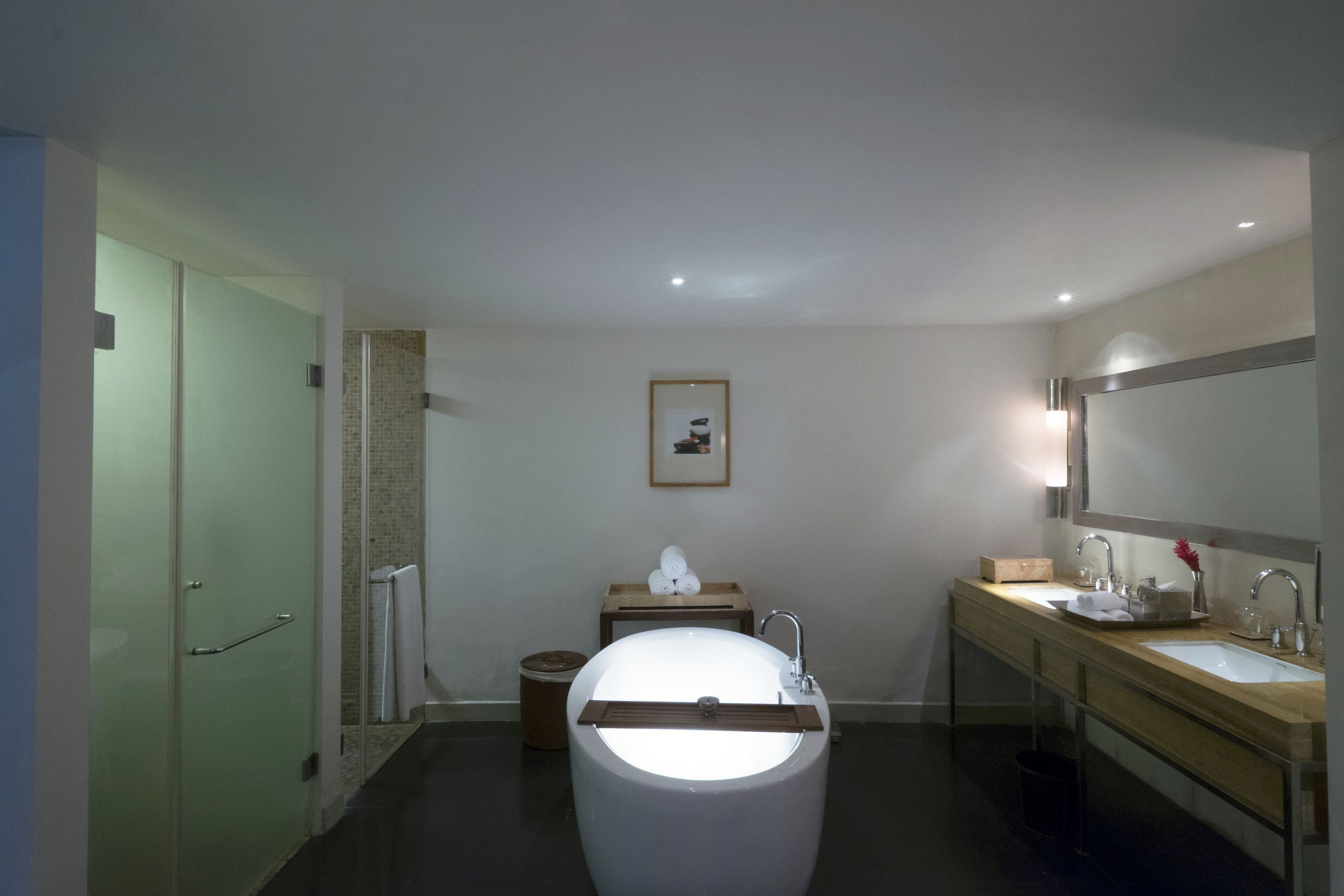 separate bathtub and shower, deep-soaking bathtub, rainfall showerhead