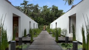 Un sendero de madera que conduce a una hilera de edificios blancos con puertas abiertas, rodeado de exuberante vegetación y fuentes de agua.