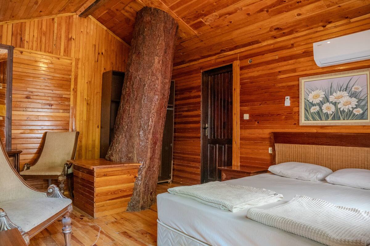 A wooden cabin room with a bed, a chair, a wooden bench, and a large tree trunk.