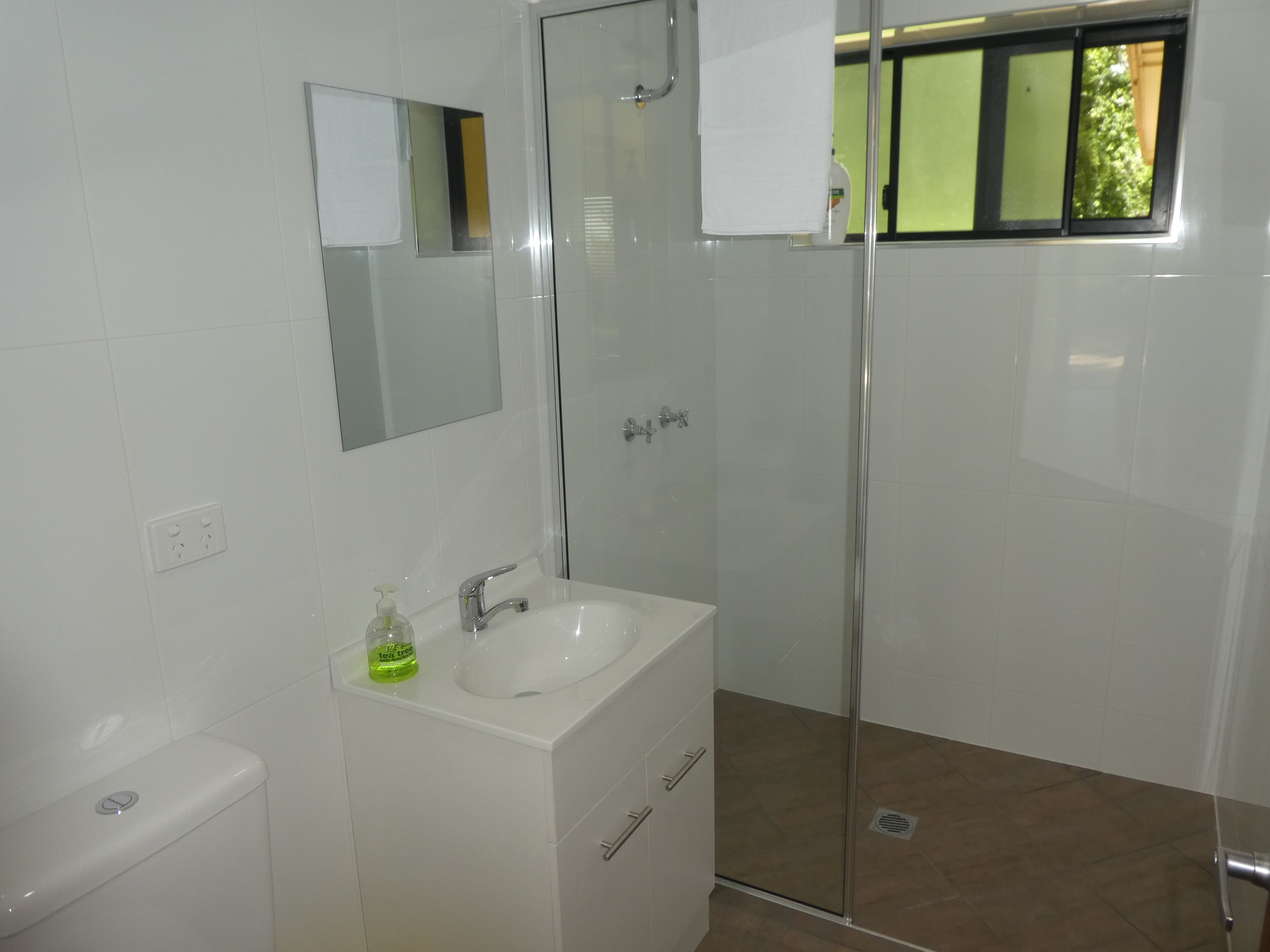 A bathroom with a white sink, a mirror, a glass shower enclosure, and a window with a view of greenery.