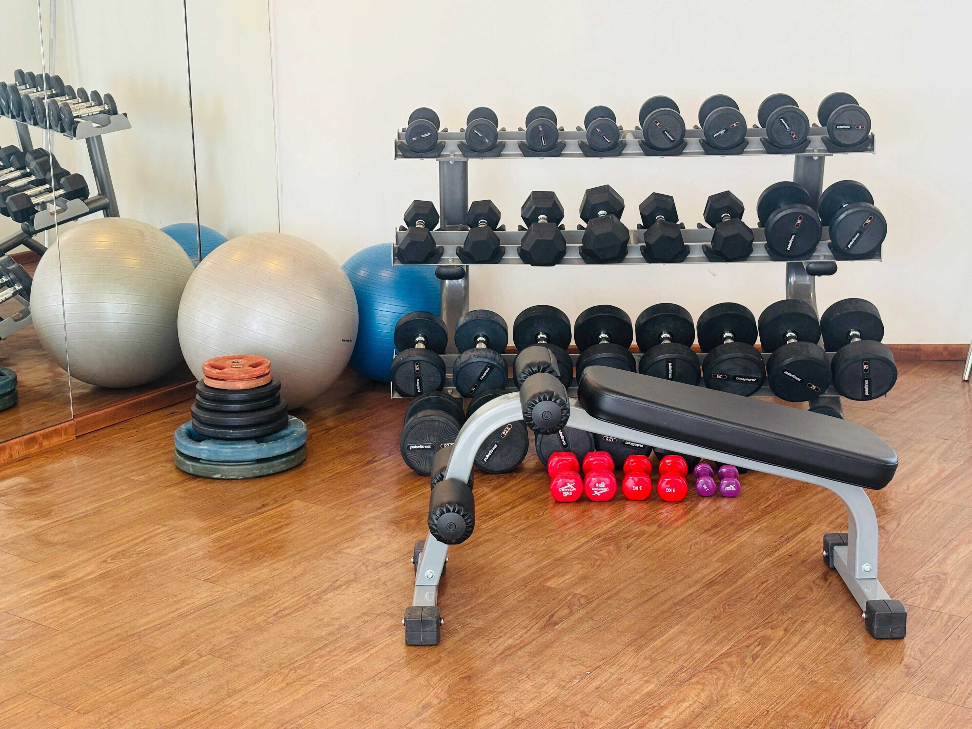 A gym with various exercise equipment including dumbbells, exercise balls, and a bench.
