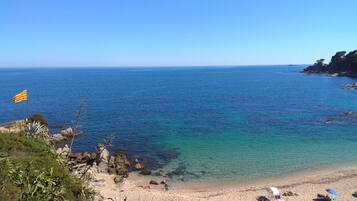 A beach with clear blue water, rocky outcrops, and a flag.