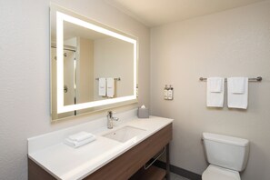 Un baño moderno con un espejo grande, un lavamanos y un inodoro.