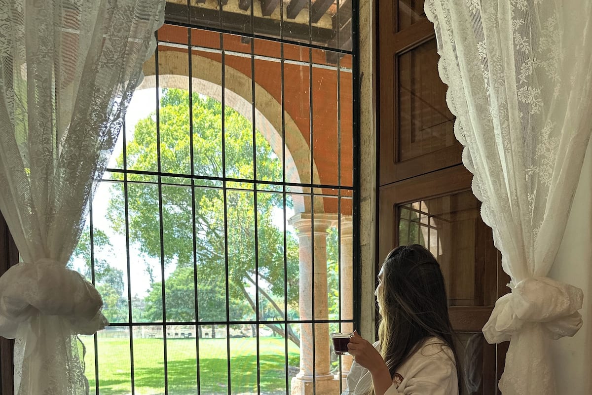 Una persona sentada junto a una ventana con vistas a un paisaje verde, vestida con una bata blanca.