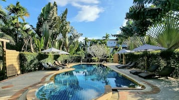 Outdoor pool, open 8:00 AM to 9:00 AM, sun loungers