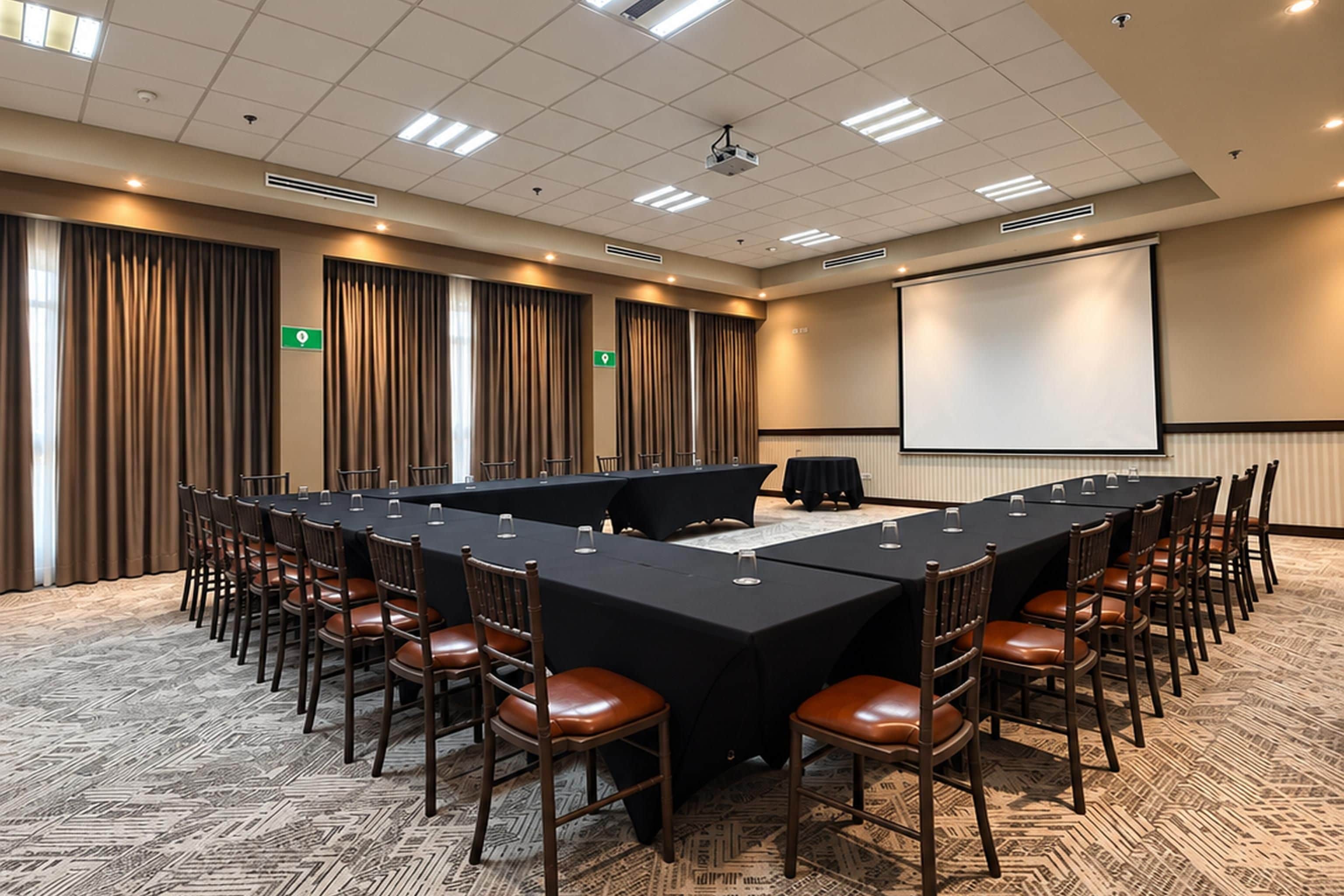 Un salón de conferencias con una larga mesa, sillas, una pantalla de proyector y cortinas.