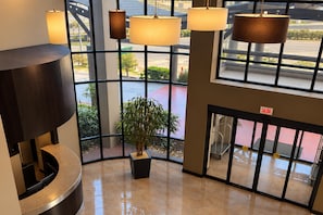 Zona de recepción con mostrador, una planta en maceta y grandes ventanales que ofrecen vistas al exterior.